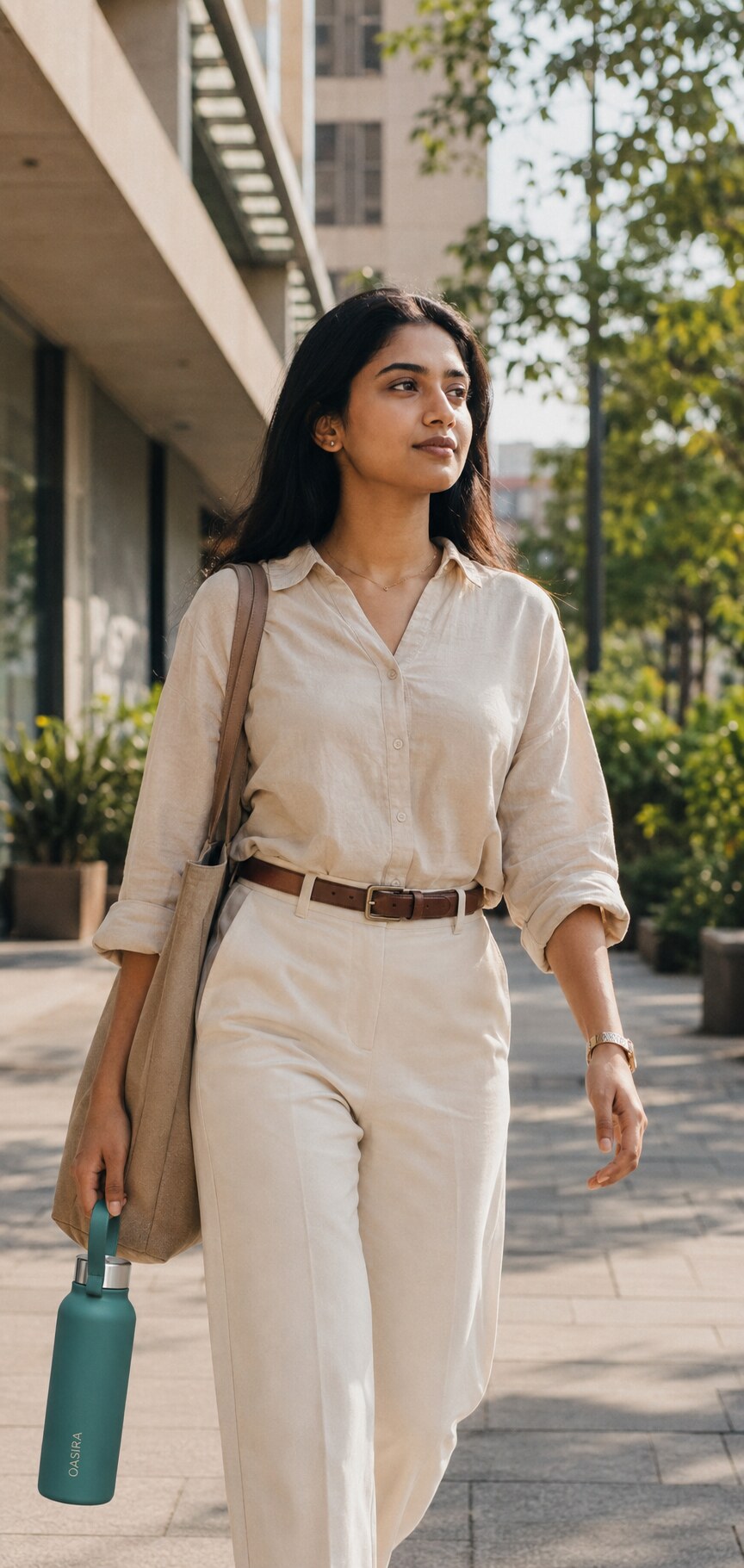 Young professional carrying an OASIRA bottle on a city walk