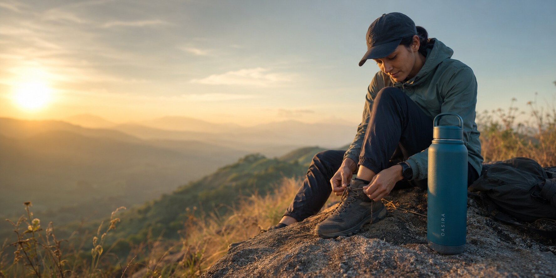 Hiker resting beside an OASIRA Trail bottle at sunrise